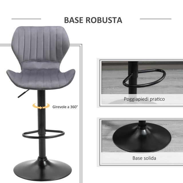 HOMCOM Σετ 2 σκαμπό μπαρ Velvet Effect, Περιστρεφόμενο με ρυθμιζόμενο ύψος και υποπόδιο, γκρι 835-466GY