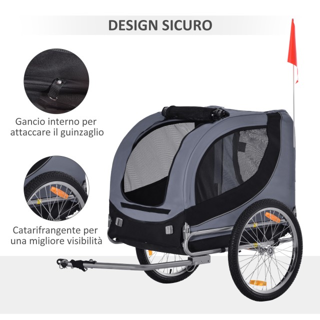 PawHut Bike Trailer για σκύλους μεσαίου μεγέθους με πλαϊνά παράθυρα και σημαία, 130x73x90 cm, γκρι και μαύρο D00-050
