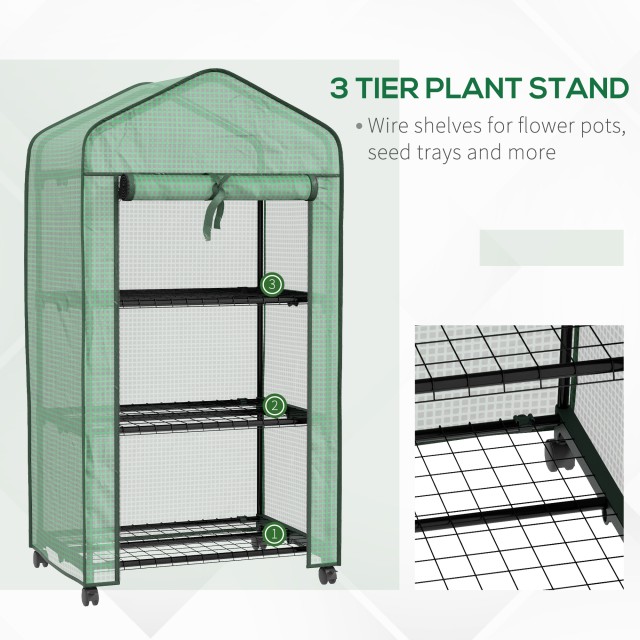Outsunny Mini Garden Greenhouse με κάλυμμα PE, 3 ράφια και ρόδες, 69x49x130cm, πράσινο 84H-068V00GN