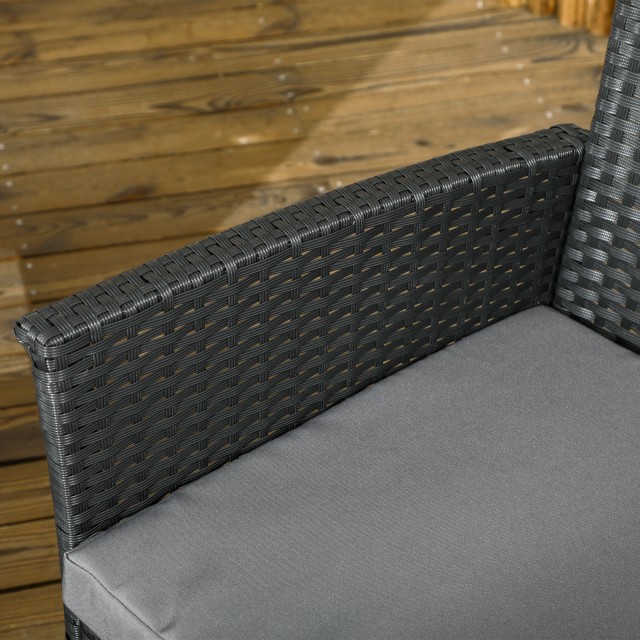 PE Rattan Outdoor Lounge με καναπέ, 2 πολυθρόνες με μαξιλάρια και γυάλινο τραπεζάκι σαλονιού, μαύρο και γκρι 860-331V00GY