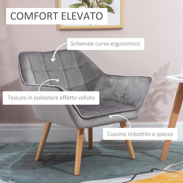 Πολυθρόνα HOMCOM Nordic style σε ξύλο και γκρι βελούδινο εφέ για σα...