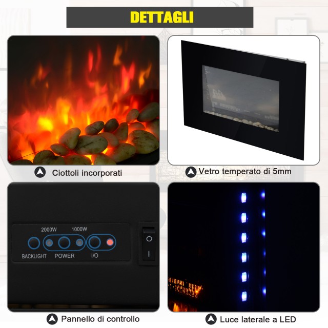 Homcom Ηλεκτρικό Τζάκι τοίχου ή δαπέδου 2000W με 7 Χρώμα LED Φλόγα, Μαύρο, 90x56x9,5cm 820-088