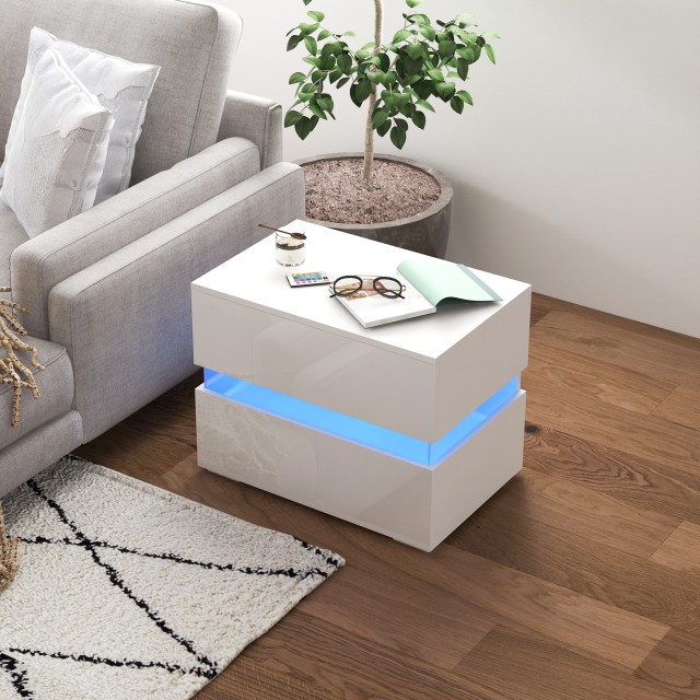Κομοδίνο HOMCOM με ενσωματωμένο φως LED RGB με 2 συρτάρια, 4 λειτουργίες φωτισμού και 16 χρώματα, σε μοριοσανίδα, 60x39x47cm, Λευκό 831-650V90WT