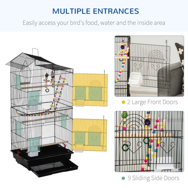 PawHut Bird Cage με σκάλα, κούνια, μπολ και παιχνίδια, σε ατσάλι, PP και ξύλο, 46x36x100 cm, μαύρο D10-081