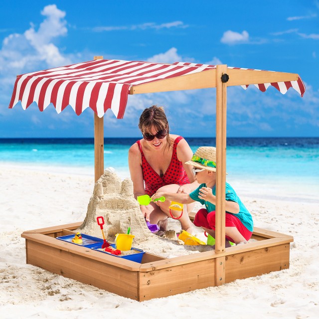Outsunny Sandpit για Παιδιά από ξύλο με ρυθμιζόμενο θόλο, καθίσματα και μπανιέρες, 107,5x107,5x110cm 343-053