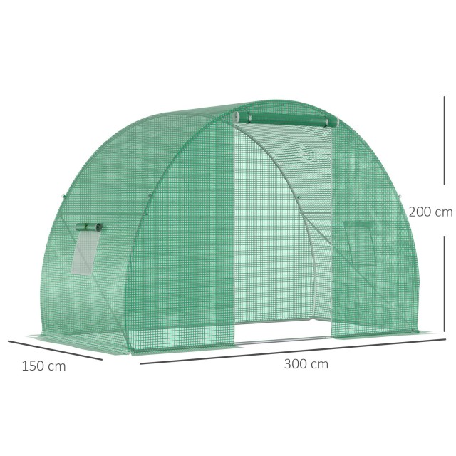 Θερμοκήπιο Outsunny Tunnel με Roll-up Door and Windows, PE Cover and Steel Construction, 150x300x200cm, Green 845-591