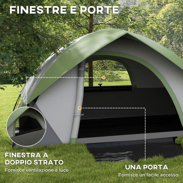 Σκηνή Camping 3 Ατόμων Outsunny με Διχτυωτό Παράθυρο, από πολυεστέρα, υαλοβάμβακα και PE, 110x210x150 cm, γκρι και πράσινο A20-407V00GN