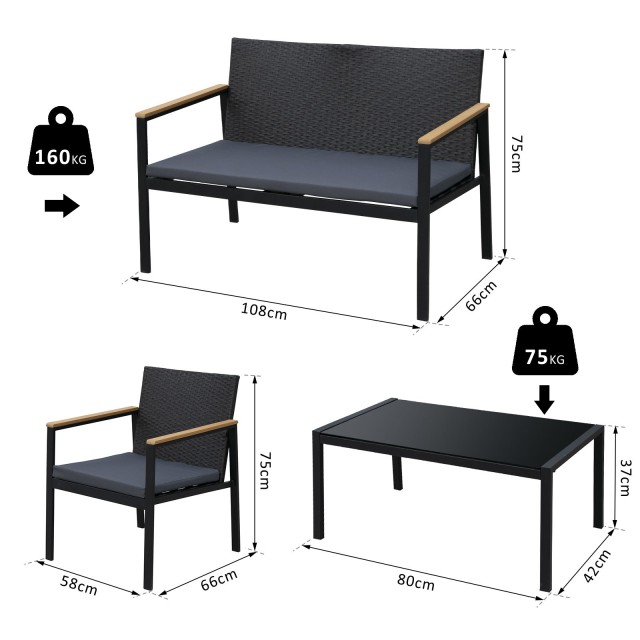 Outsunny Set 4 Pieces Garden Lounge σε PE Rattan με μπράτσα σε μαύρο ξύλο 860-092
