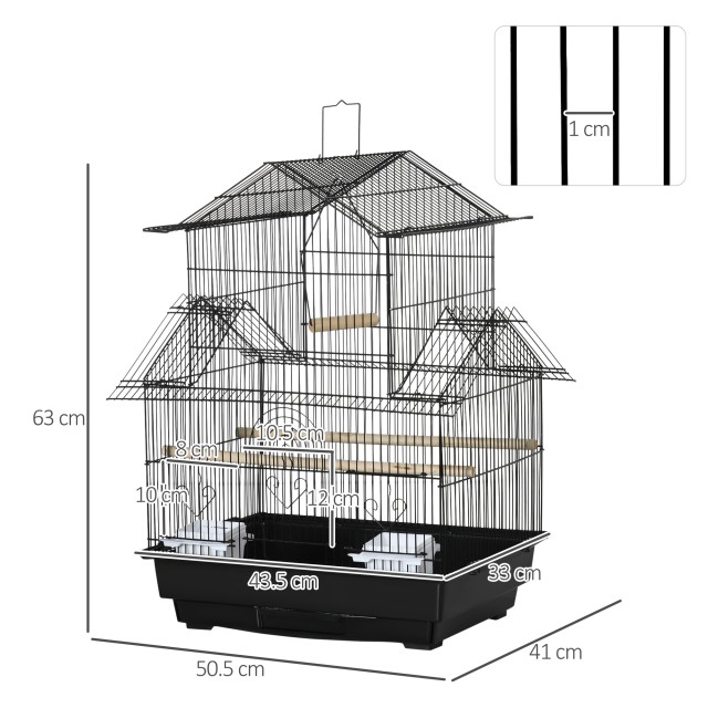 PawHut Bird Cage με λαβή μεταφοράς και αφαιρούμενο δίσκο, σε μέταλλο και πλαστικό, 50,5x41x63 cm, μαύρο D10-062V01BK