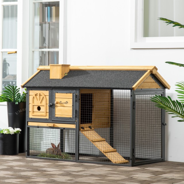 PawHut 2 Tier Spruce and Steel Hutch για κουνέλι εξωτερικού χώρου με αφαιρούμενο δίσκο, σπιτάκι κουνελιού και περιοχή τρεξίματος, 120x55,5x80 cm, κίτρινο και μαύρο D51-354V00BK