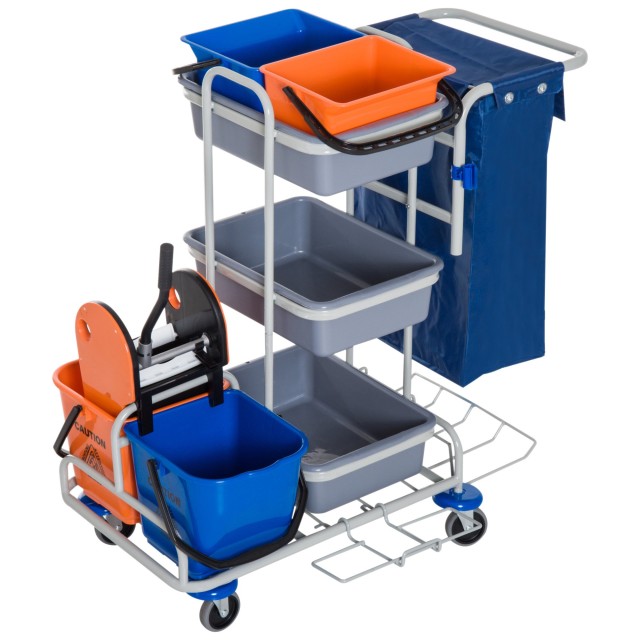 Homcom Professional Cleaning Cart with 4 Bucket Wheels Canvas Bag, Grey 720-006