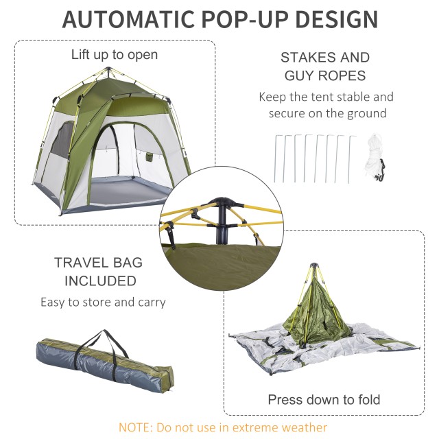 Outsunny Pop Up Σκηνή Κάμπινγκ 2 Ατόμων με Πόρτα με Φερμουάρ και 3 Παράθυρα, 240x240x199cm, Πράσινο A20-054GN