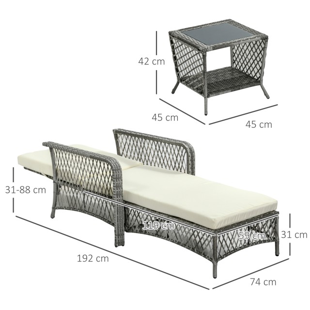 Έπιπλα κήπου Outsunny, Σετ Rattan με ρυθμιζόμενη ξαπλώστρα κήπου και τραπεζάκι σαλονιού 2 επιπέδων 862-054GY