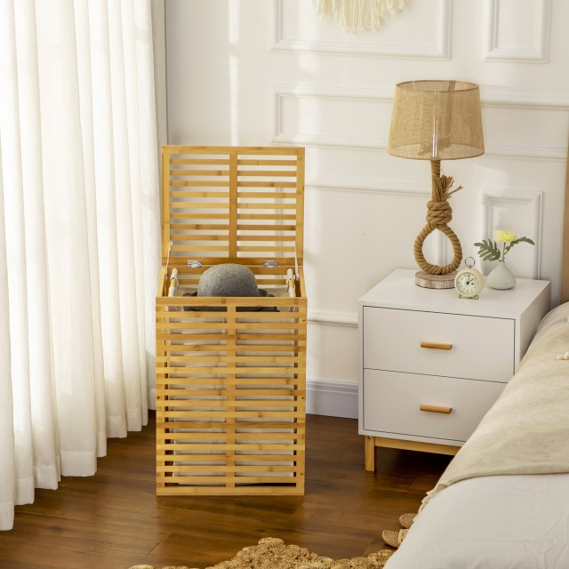 Καλάθι ρούχων HOMCOM Bamboo με καπάκι και αφαιρούμενη και πλενόμενη τσάντα από πολυεστέρα, 44x37x62,5 cm, χρώμα ξύλου 850-217V00ND