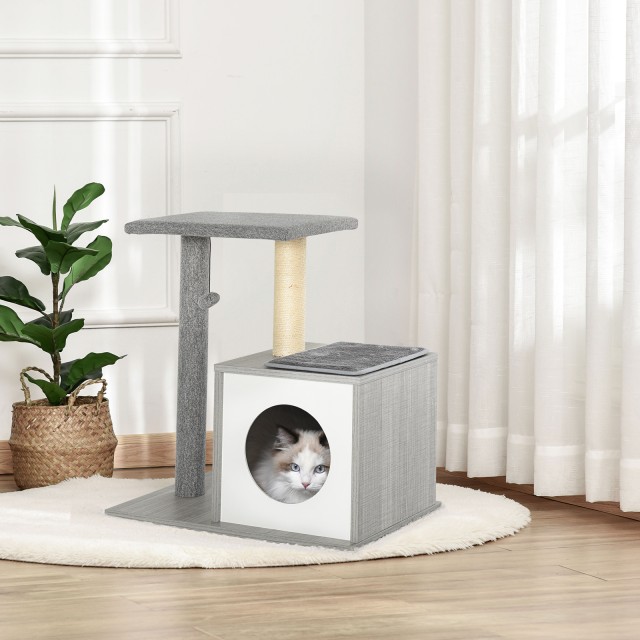 PawHut Cat Scratching Post Tree με κρεβάτι και κολόνα σε γκρι σχοινί σιζάλ 59x39x62cm D30-298