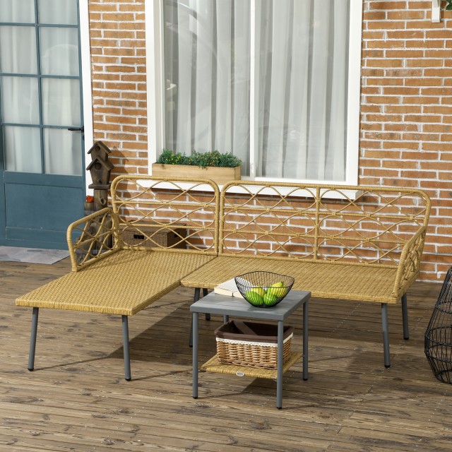 PE Rattan Garden Lounge με σεζλόνγκ, 2θέσιο καναπέ και τραπεζάκι σαλονιού, κρέμα 84G-359V00CW