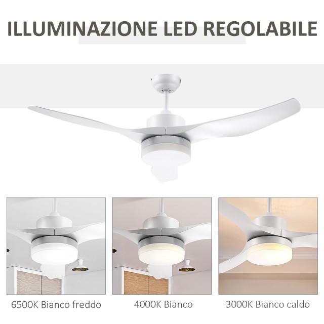 HOMCOM 3 Mode LED Light Ανεμιστήρας Οροφής με Τηλεχειριστήριο, 6 Ταχύτητες, Φ132x40cm B31-392WT
