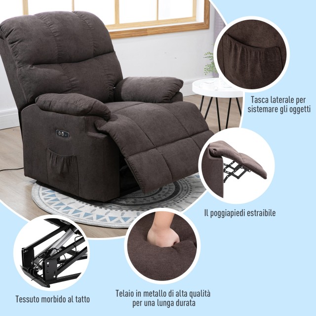 HOMCOM Ηλεκτρική Ανακλινόμενη Πολυθρόνα Relax με Υποβοηθούμενη Ανύψωση, Καφέ, 80x97x104cm 713-043V91