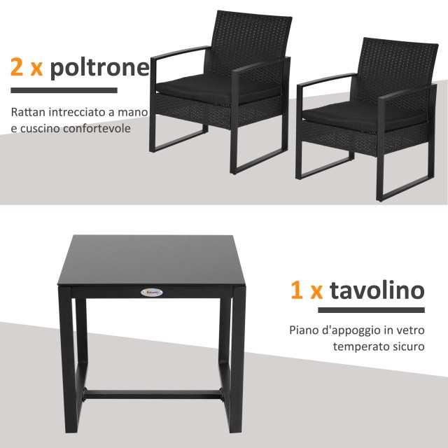 Outsunny Σετ Έπιπλα εξωτερικού χώρου Rattan Τραπεζάκι σαλονιού με 2 καρέκλες με μαξιλάρια, μαύρο 863-012