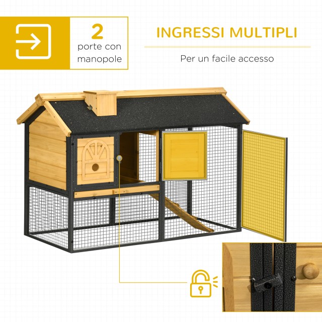 PawHut 2 Tier Spruce and Steel Hutch για κουνέλι εξωτερικού χώρου με αφαιρούμενο δίσκο, σπιτάκι κουνελιού και περιοχή τρεξίματος, 120x55,5x80 cm, κίτρινο και μαύρο D51-354V00BK