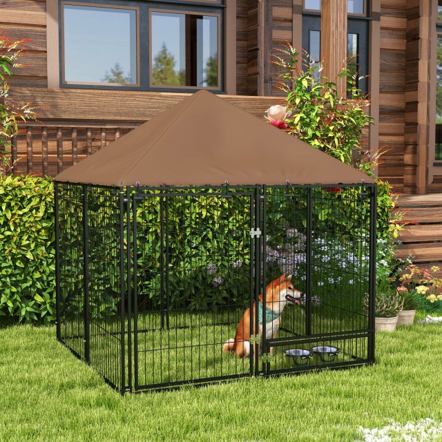 Dog Run από μέταλλο και ύφασμα Oxford με πόρτα για μπολ, 141x141x151 cm, μαύρο και καφέ D02-057V01CF