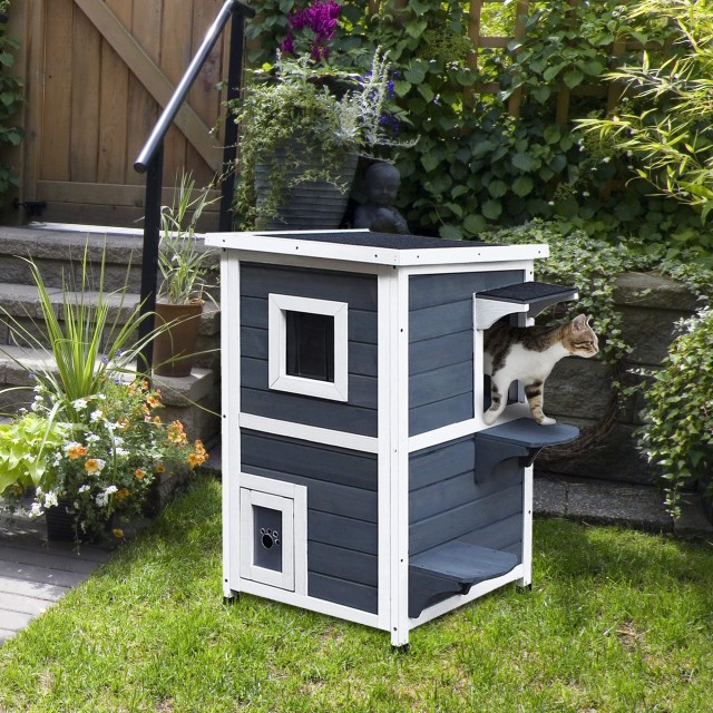PawHut Outdoor Pet Kennel 2 Επιπέδων Ανοιγόμενο Ξύλο Γκρι και Λευκό...