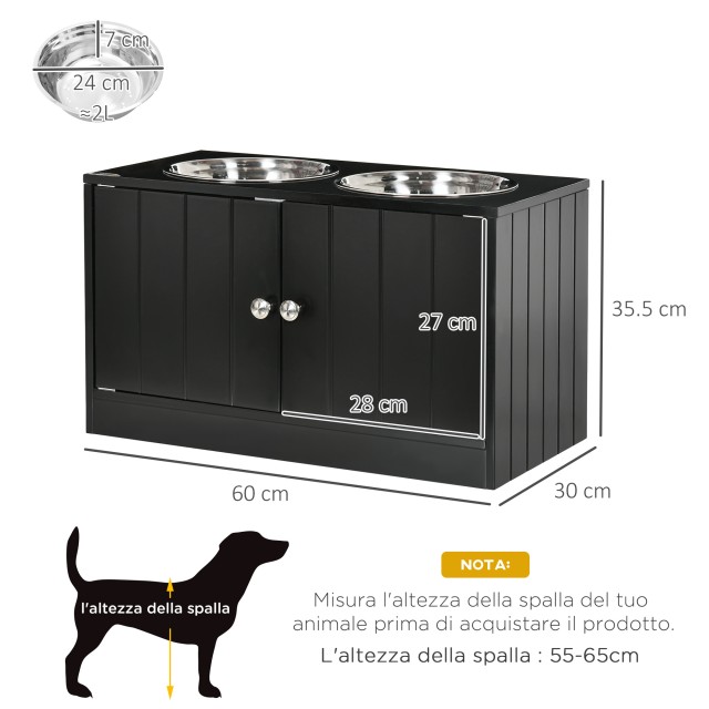 PawHut Raised Dog Bowl με αποθηκευτικό χώρο, 2 αφαιρούμενα μπολ από ανοξείδωτο χάλυβα, 60x30x35,5cm, Μαύρο D08-040V00BK