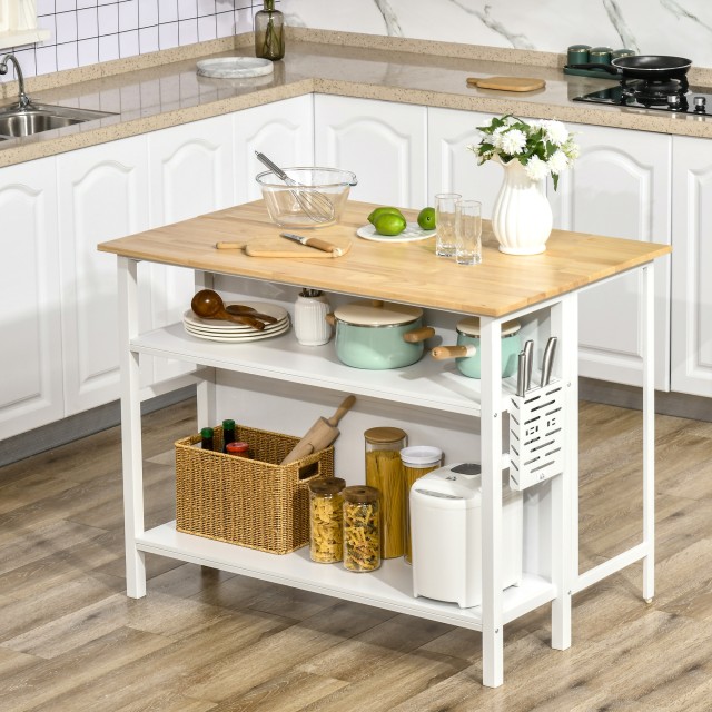 HOMCOM Kitchen Island με πτυσσόμενο πάγκο και 2 ράφια από ξύλο και ατσάλι, 120x76x91,5 cm, Λευκό 801-271V00AK