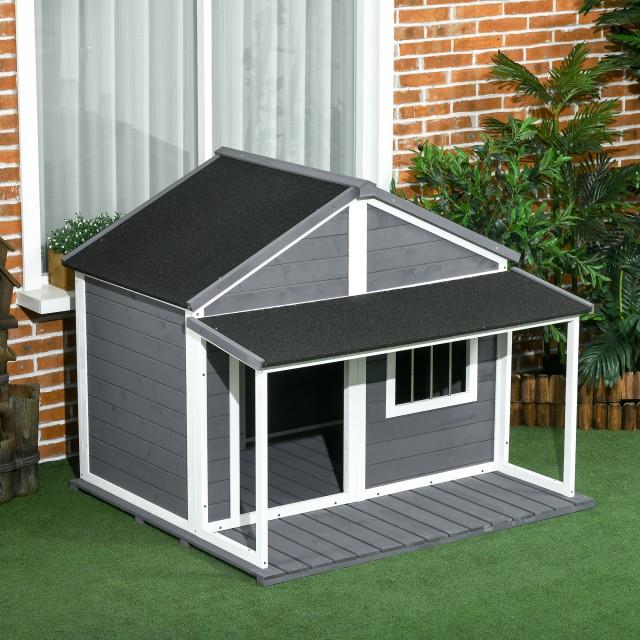 PawHut Outdoor Dog Kennel με Βεράντα, Παράθυρο και Αδιάβροχη Οροφή, 124x112x105cm, Γκρι D02-100V01GY