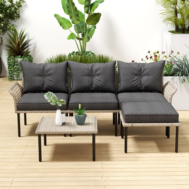Σετ κήπου 5 τεμαχίων Rattan με 2 πλαϊνές καρέκλες, κεντρική καρέκλα και 2 σκαμπό/τραπεζάκια σαλονιού 860-306V00GY