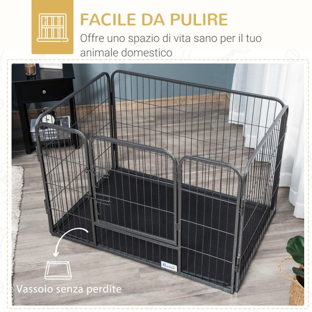 PawHut Dog Παρκοκρέβατο Μεταλλικός φράχτης για κατοικίδια με 4 πάνελ, διπλή πόρτα κλειδώματος και κάτω δίσκος, 109x74x71cm, γκρι D06-138