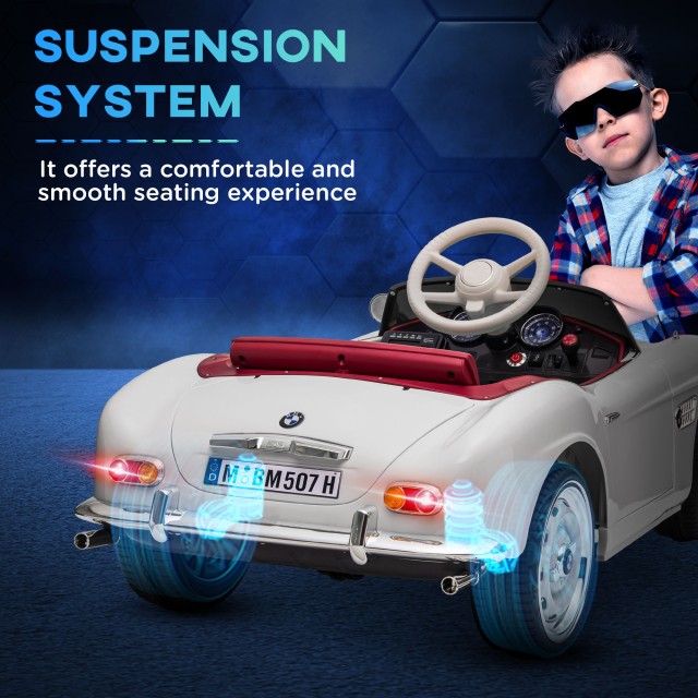HOMCOM Electric Ride-On Toy Car για Παιδιά με 2 Πόρτες με άδεια BMW 507, με κόρνα και τηλεχειριστήριο, 115x55x47 cm, Λευκό 370-305V90WT
