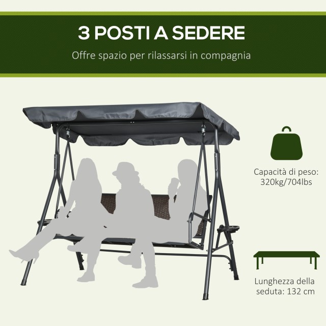 Outsunny 3θέσιο αιωρούμενο κάθισμα κήπου από PE Rattan and Steel με ρυθμιζόμενο θόλο και ποτηροθήκη, 204x112x150 cm 84A-277V00CG