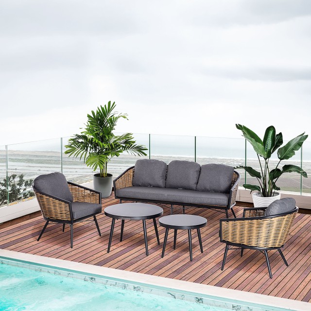 Σετ Έπιπλα Κήπου Outsunny 5 τεμαχίων Rattan, Lounge εξωτερικού χώρου με 2 τραπεζάκια σαλονιού, καναπέ 3 θέσεων και 2 πολυθρόνες με μαξιλάρια 860-235