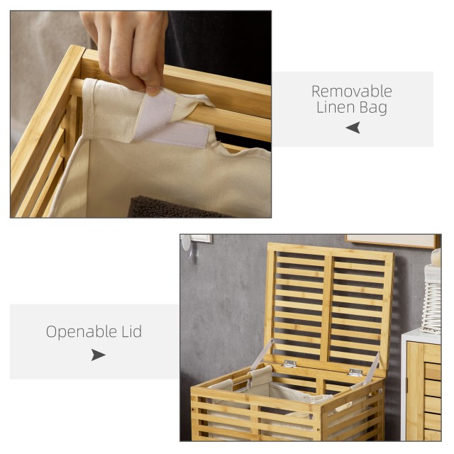 Καλάθι ρούχων HOMCOM Bamboo με καπάκι και αφαιρούμενη και πλενόμενη τσάντα από πολυεστέρα, 44x37x62,5 cm, χρώμα ξύλου 850-217V00ND