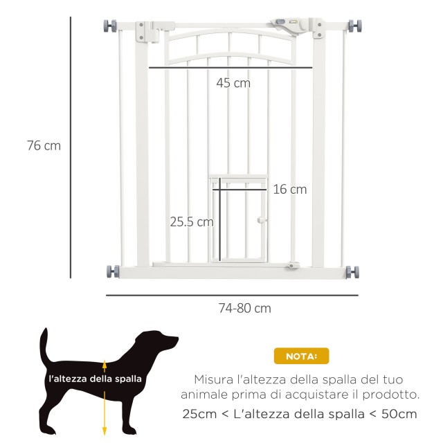 PawHut Dog Gate για Μικρά και Μεσαία Μεγέθη με Αυτόματο Κλείσιμο, σε Ατσάλι και PA, 74-80x76 cm, Λευκό D06-212V00WT