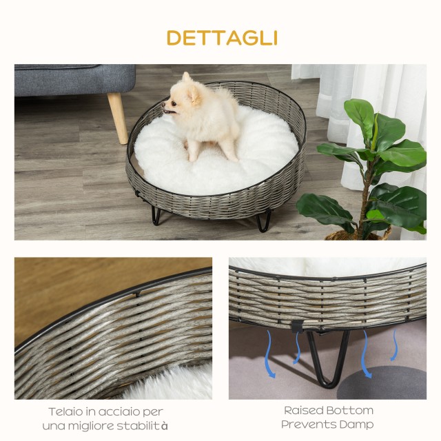 PawHut Raised Bed for Dogs and Cats in Rattan PE Small Dog bed with Dark Grey Cushion D04-189