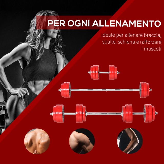 HOMCOM Barbell and Dumbbell Σετ 2 σε 1 Βάρη 30kg, Δίσκοι με πλαστική επίστρωση ανθεκτική στις γρατσουνιές, κόκκινο A91-156