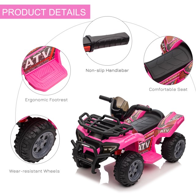 HOMCOM Electric Quad για παιδιά 18-36 μηνών με επαναφορτιζόμενη μπαταρία 6V, σε μέταλλο και PP, 70x42x45 cm, Ροζ 370-189V90PK
