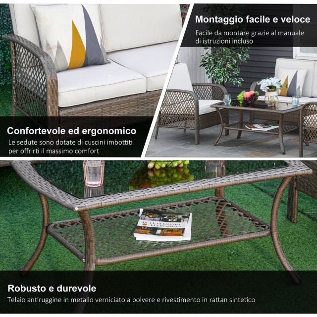 Σετ Έπιπλα εξωτερικού χώρου Outsunny σε PE Rattan Brown, Τραπέζι σαλονιού εξωτερικού χώρου, Σετ καρέκλες και καναπέ 4 τμχ με επικαλυμμένα μαξιλάρια - Χακί 860-127