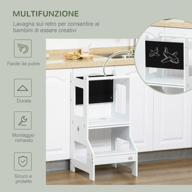Qaba Montessori 2 σε 1 Αποσπώμενη σκάλα MDF, με σκαμπό, Περιλαμβάνεται μαυροπίνακας, για παιδιά 3-6 ετών, λευκό 312-052
