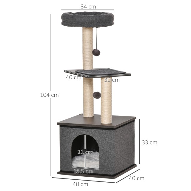 PawHut Cat Scratching Post Tree with House, Bed and Sisal Posts, 40x40x104cm, Γκρι D30-443