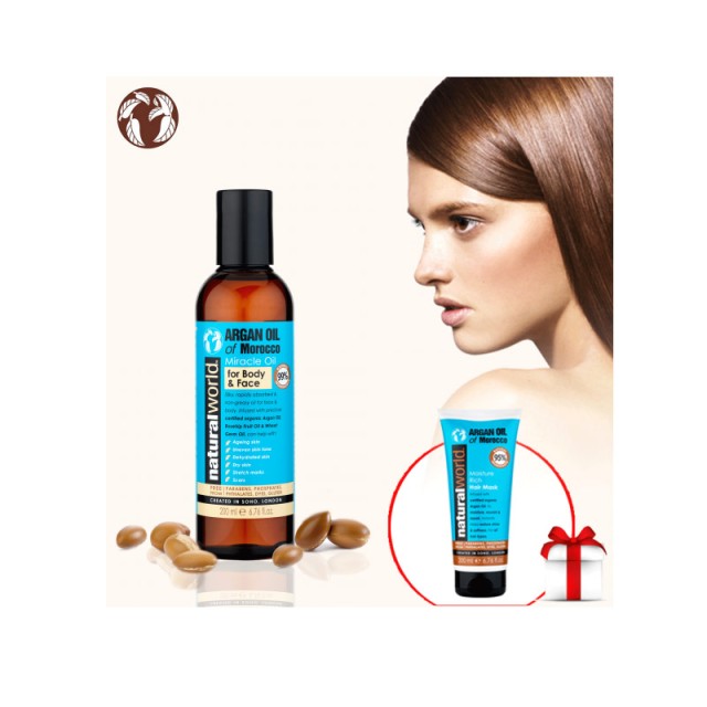 Λάδι Ανάπλασης για Σημάδια, Ουλές & Ραγάδες Argan Oil of Morocco Natural World, 200ml + Εντατική Μάσκα Μαλλιών με Argan Oil Natural World, 200ml