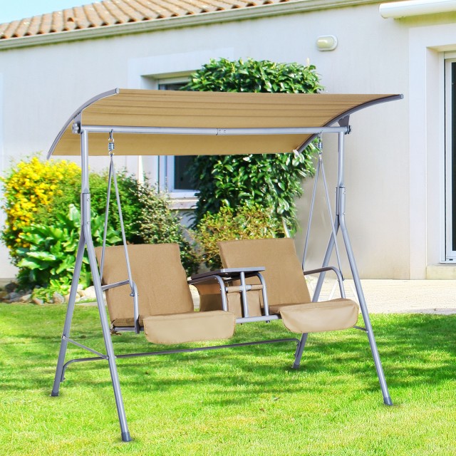 Outsunny Garden Swing 2 Ξεχωριστά Καθίσματα με Τραπέζι και Ρυθμιζόμενη Οροφή, Μεταλλικό 175x112x165cm Μπεζ 84A-057