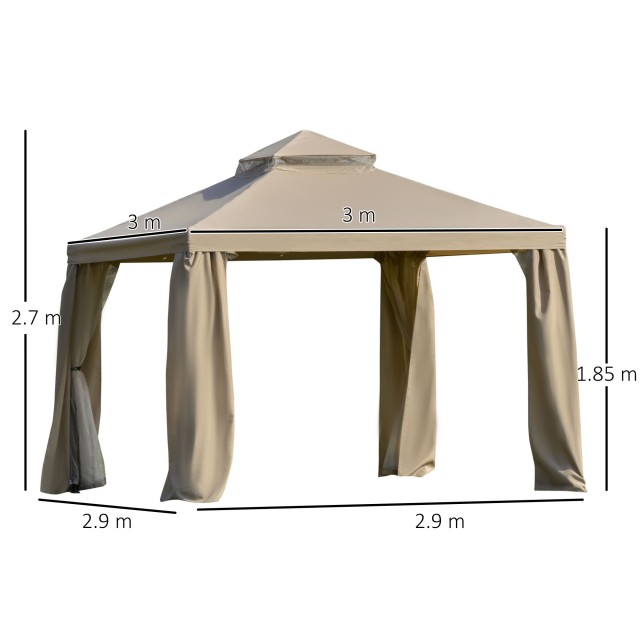 Outsunny 3x3m Metal Garden Gazebo με κουνουπιέρα και στέγη 2 επιπέδων από χακί πολυεστέρα 84C-185