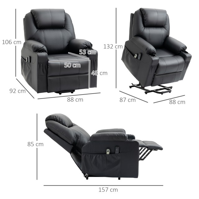 HOMCOM Lift Chair Max 135° Recliner με 8 πόντους μασάζ και στήριγμα ποδιών, 88x92x106 cm, Μαύρο 713-096BK