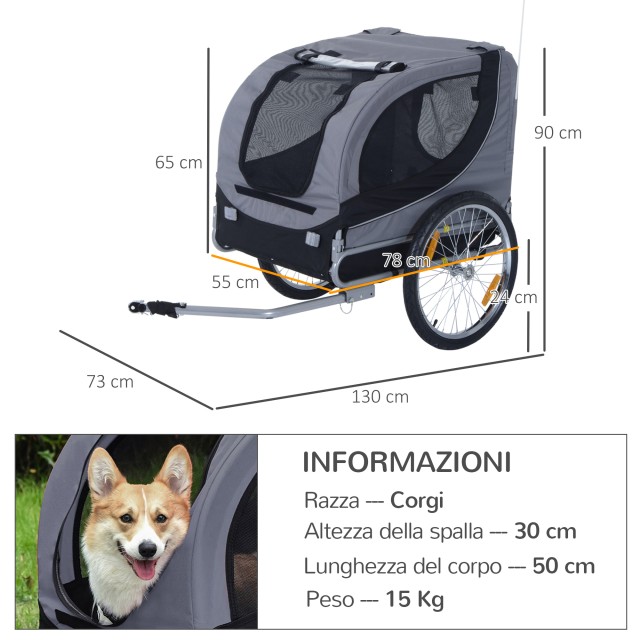PawHut Bike Trailer για σκύλους μεσαίου μεγέθους με πλαϊνά παράθυρα και σημαία, 130x73x90 cm, γκρι και μαύρο D00-050