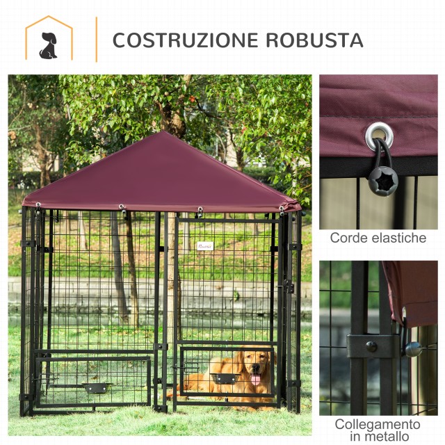 PawHut Outdoor Dog Run με κλειδαριά, 2 περιστρεφόμενα μπολ και αφαιρούμενο κάλυμμα, μαύρο και κόκκινο D02-092