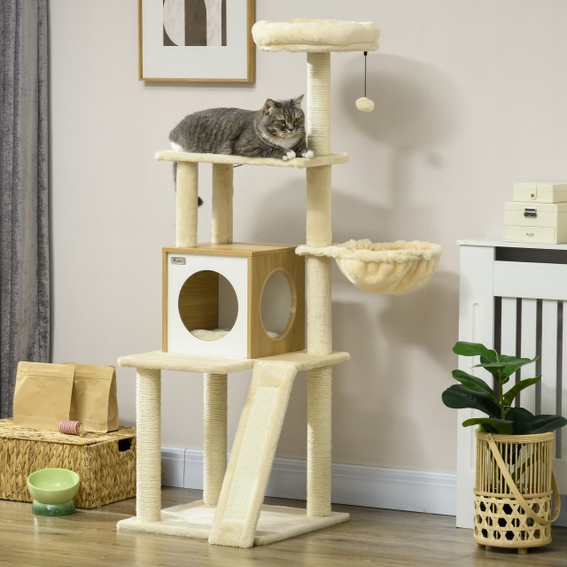 PawHut Cat Tree with House, Scratching Post for Cats, Perch and Stake, 48,5x48,5x141,5 cm, Beige D30-738V00BG