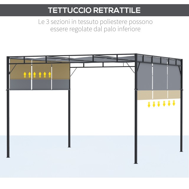Outsunny Pergola Gazebo 3x3m σε ατσάλι με συρόμενη οροφή και 8 μανταλάκια που περιλαμβάνονται 84C-330CG